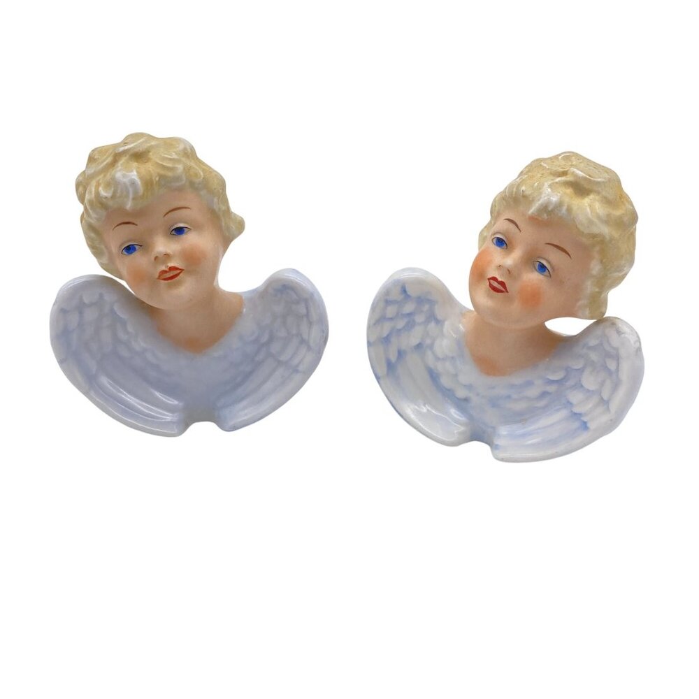 Vintage Orlik Angel Cherub Head Figurines Germany 3” blue Wings Set of 2